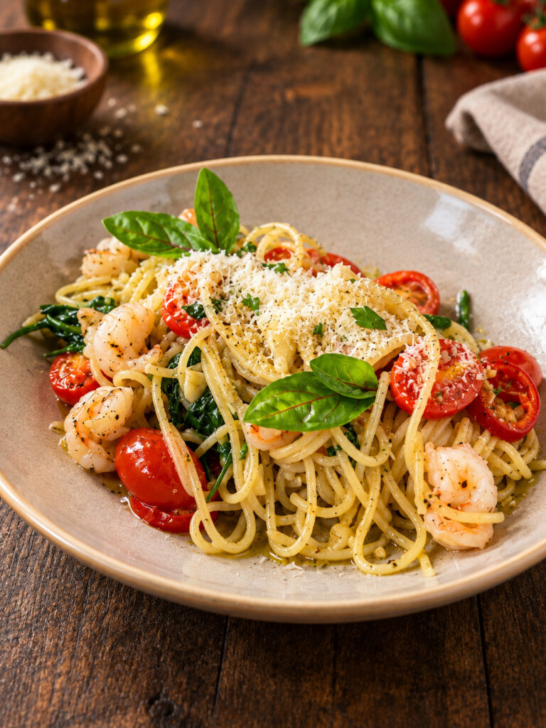 Spaghetti Gamberi z krewetkami, szpinakiem i pomidorkami