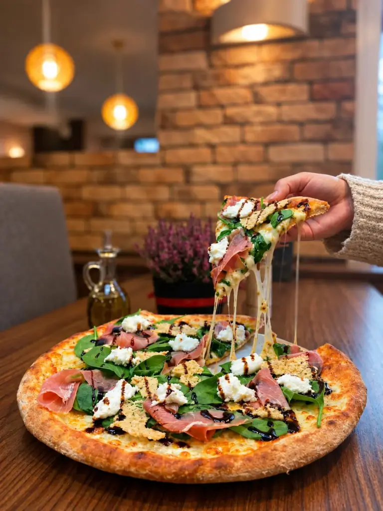 Wnętrze restauracji Gino's w Rzeszowie: ceglana ściana, lampy i pizza na stole