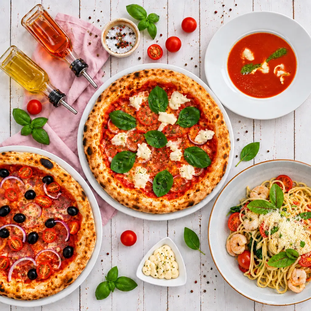 Pizza, zupa pomidorowa i spaghetti z krewetkami na stole w restauracji Gino's w Rzeszowie